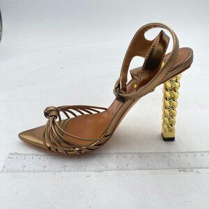 FSJ Brown Knot Gold Metal Chain Chunky High Heels Ankle Strap Open Toe Sandals